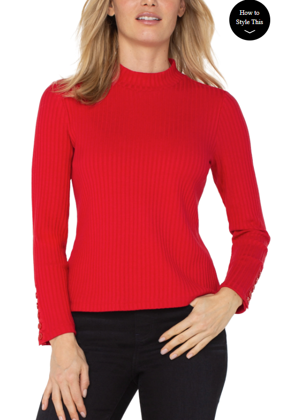 LIVERPOOL LONG SLEEVE MOCK NECK KNIT TOP WITH BUTTON DETAIL