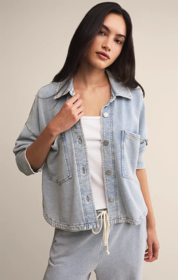 Z SUPPLY - ALL DAY CROPPED KNIT DENIM JACKET WASHED INDIGO