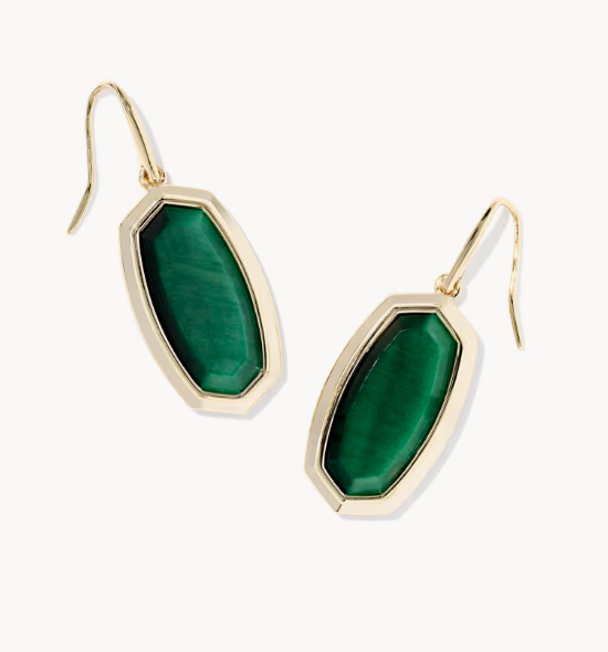 KENDRA SCOTT DANI BEZEL DROP EARRINGS GOLD GREEN TIGERS EYE