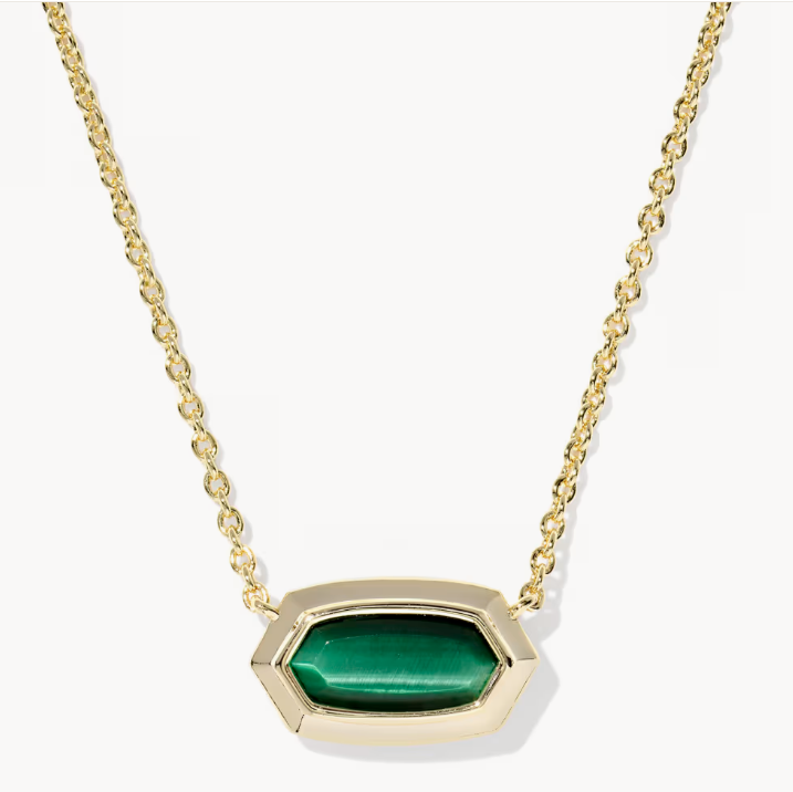 KENDRA SCOTT ELISA BEZEL SHORT PENDANT NECKLACE GOLD GREEN TIGERS EYE