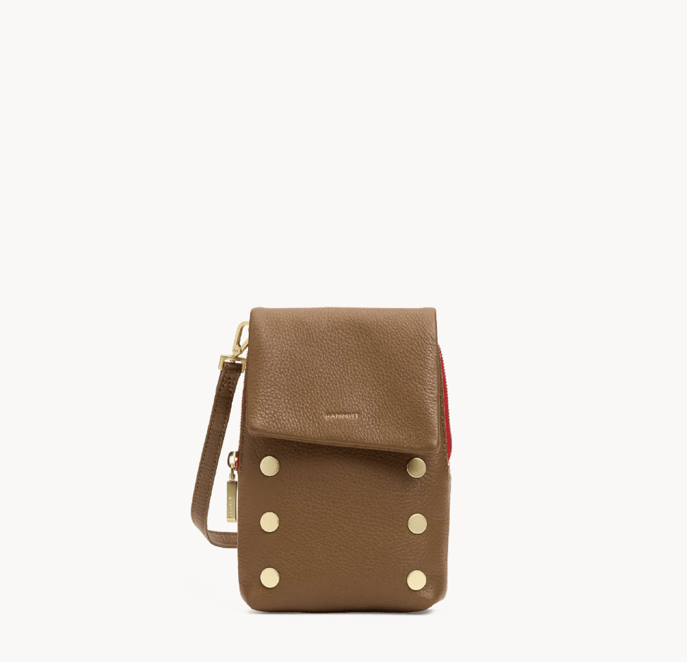 HAMMITT VIP MOBILE MAHOGANY PEBBLE BRUSHED GOLD RED ZIP