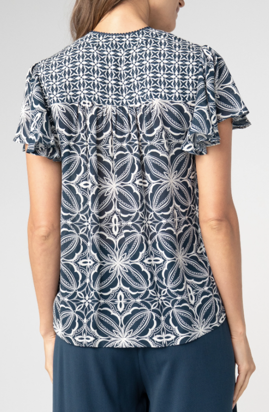 Alternative view of LIVERPOOL - FLUTTER SLEVE BUTTON FRONT KNIT TOP - BLUE W/ CREAM
