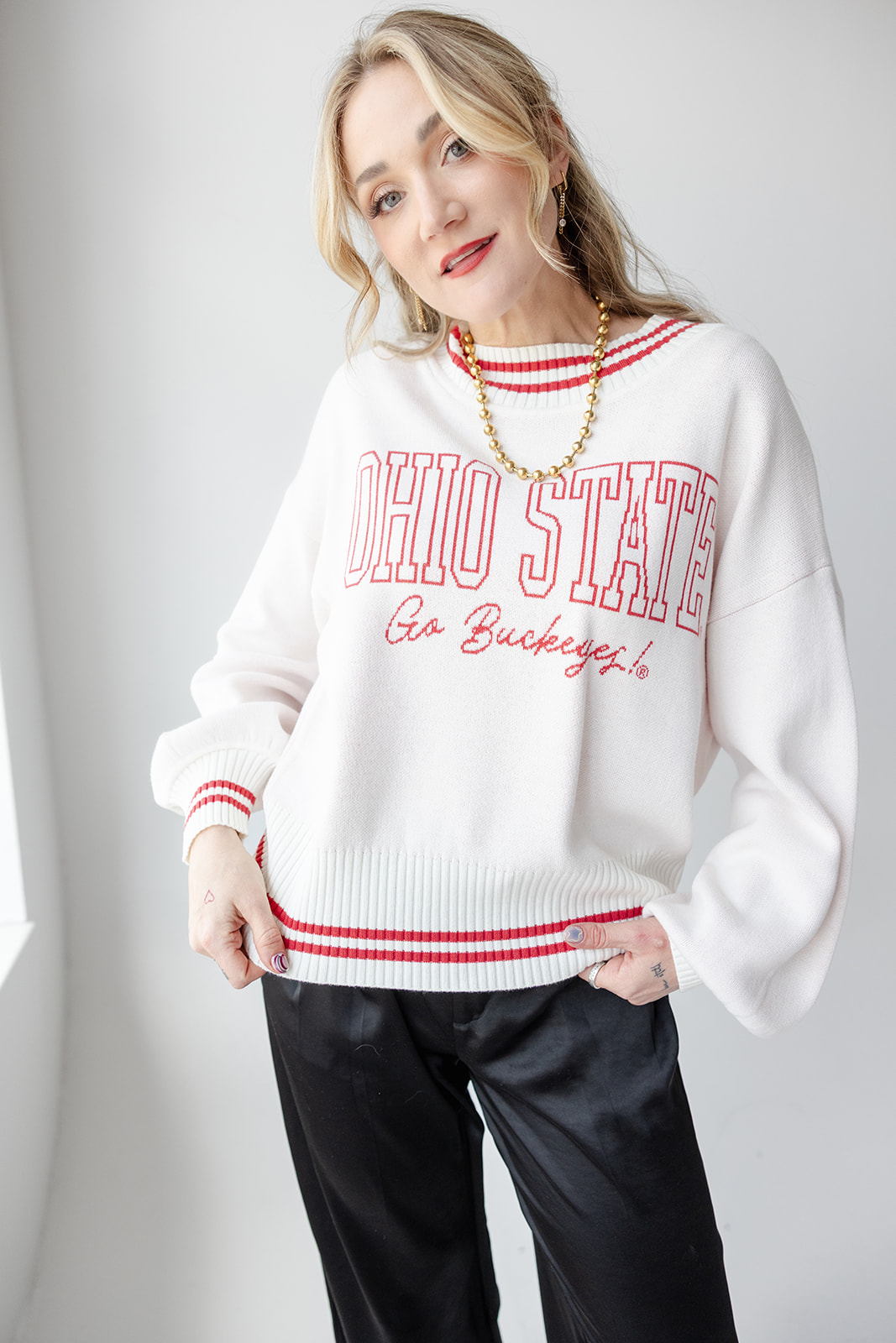 OHIO STATE QUEEN OVERSIZED STRIPED CREW SWEATER