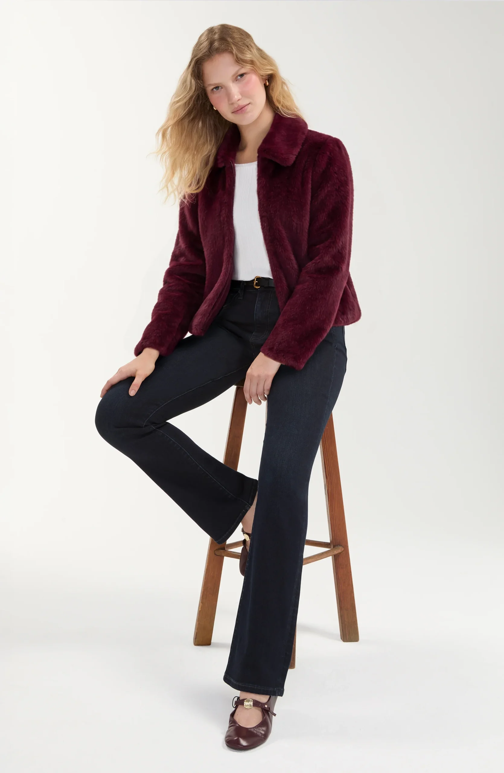 COLLARED FAUX FUR JACKET - DARK OXBLOOD